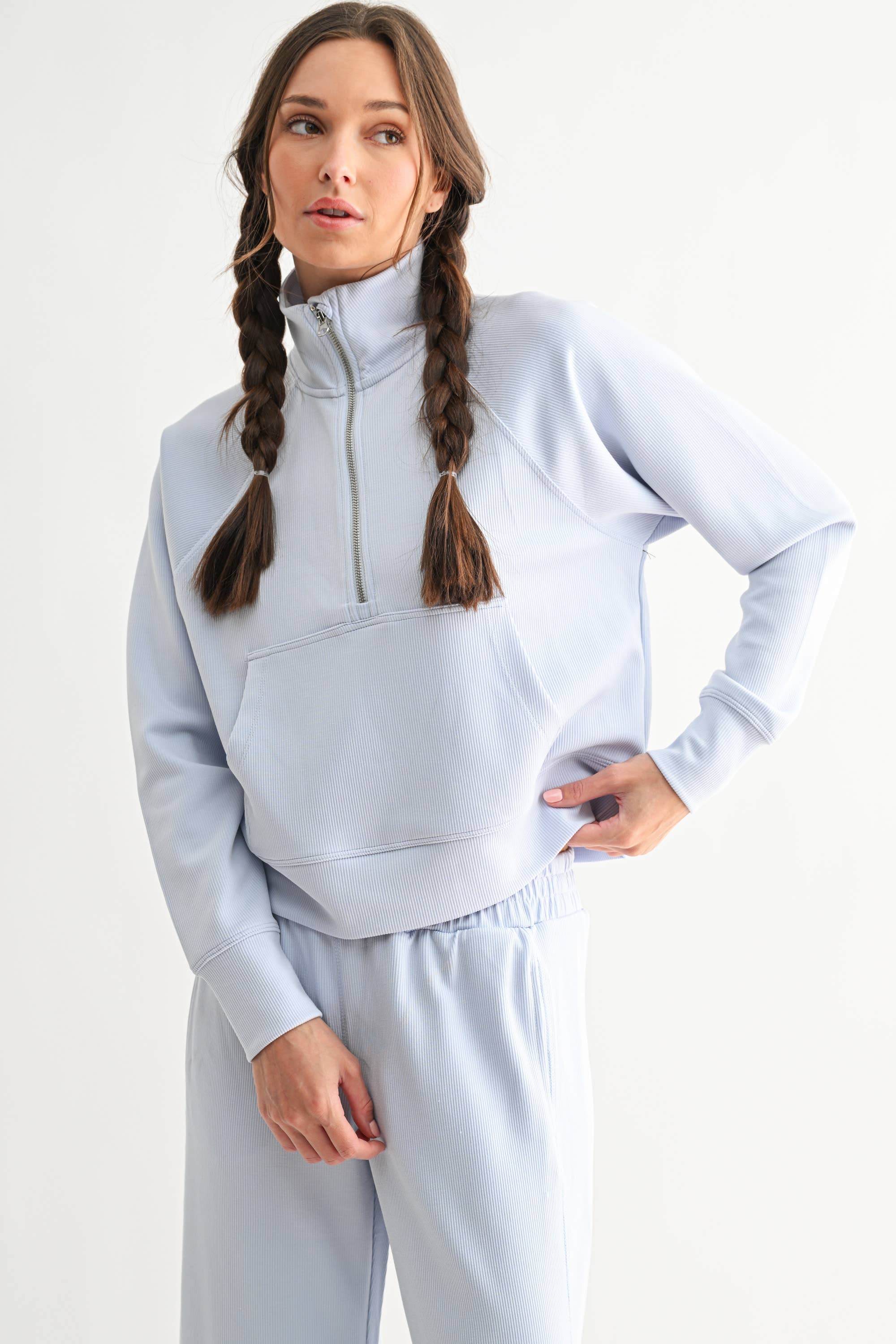 Mono B - Vente Sweat-shirt – femme - Pull à col zippé 1/4 en maille côtelée Luxe Sand Wash18