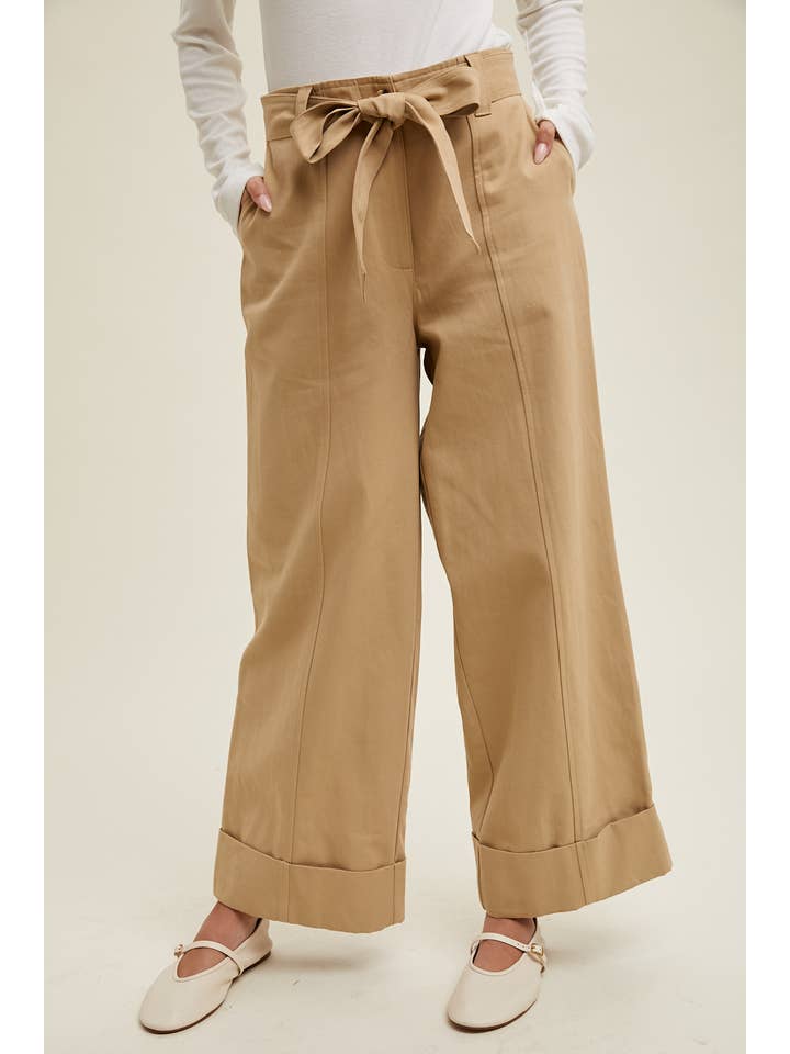 KHAKI CUFFED WIDE LEG BELTED PANTS / WL24-9549 for wholesale on Faire
