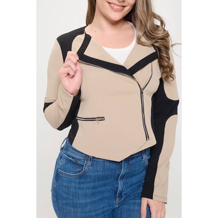 Curve Market - Wholesale Jacket - Women's - PLUS SIZE CONTRAST TRIM COLLARED ZIPPER FRONT MOTO JACKET3