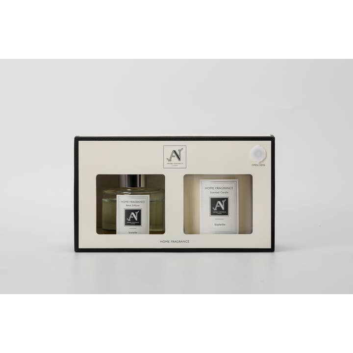 Set de Vela Perfumada y Difusor de Varillas de Violeta, Vidrio y Metal para venta al por mayor de Aroma Naturals