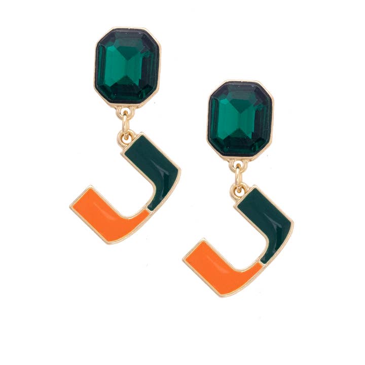 Miami Hurricanes Rhinestone Enamel Logo Earrings in Shiny Go for wholesale by Canvas Style