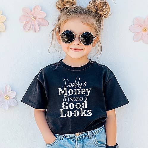 Youth Tee — "Daddy's Money, Mama's Good Looks" Kids Graphic Shirt for wholesale by Clare Laughlin Designs