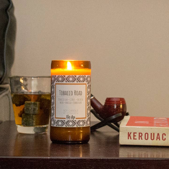 Lit Up Candle Co. – wholesale Jar/filled candle – Tobacco Road 8 oz. soy candles in upcycled beer bottles