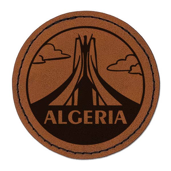 Algeria Martyrs Memorial Country Destination Round Iron-On Engraved Faux Leather Patch Applique - 2.5 Inch - Brown for wholesale by Sniggle Sloth