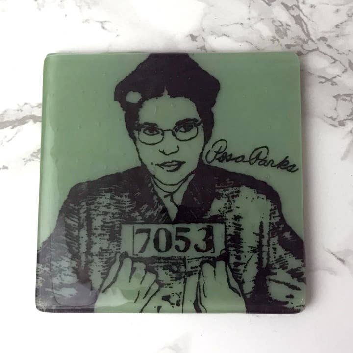 Rosa Parks Fused Glass 4" Single Coaster for wholesale by Kiku Handmade | Contemporary Fused Glass Home Goods