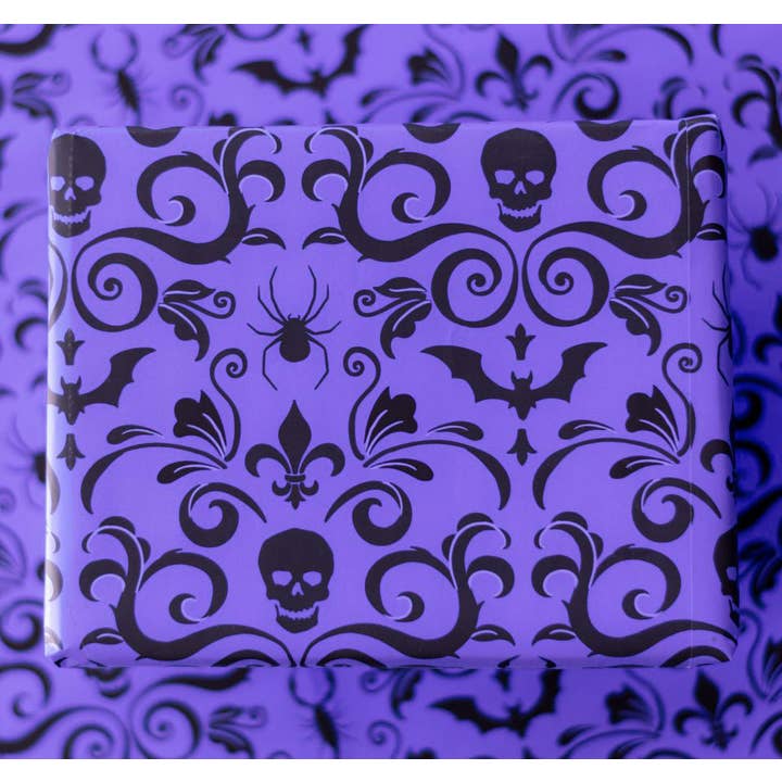 Spooky Cat Press - Wholesale Wrapping Paper Roll - Skull Damask Gift Wrap - Purple (8ft Roll)