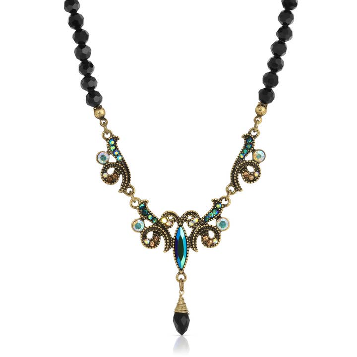 1928 Jewelry - Vente Colliers à pendentif - Verre Multi AB de style Art Nouveau à perles noires 1928 Jewelry