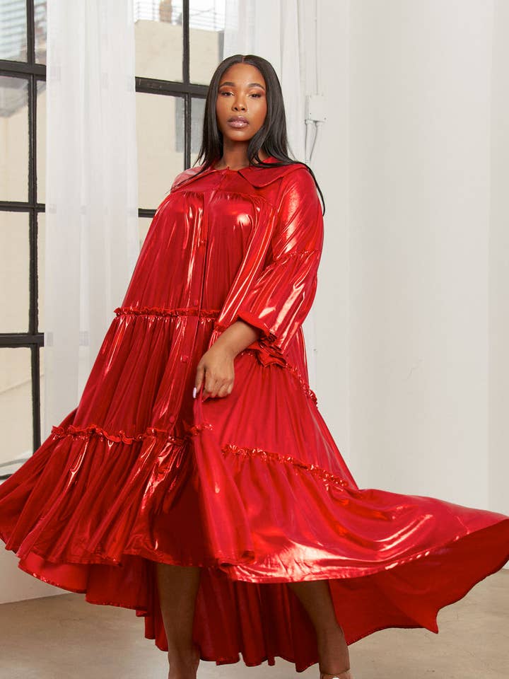 Namatt Design - Wholesale Dress - Women's - Plus Flare Sleeve Metallic Pleated Tiered Flare Dress