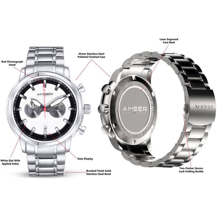 Amber Time – Relógio de pulso - Homem por atacado – Amber Time relógio cronógrafo de quartzo masculino pulseira de aço inoxidável 50m ATL160810-02WH