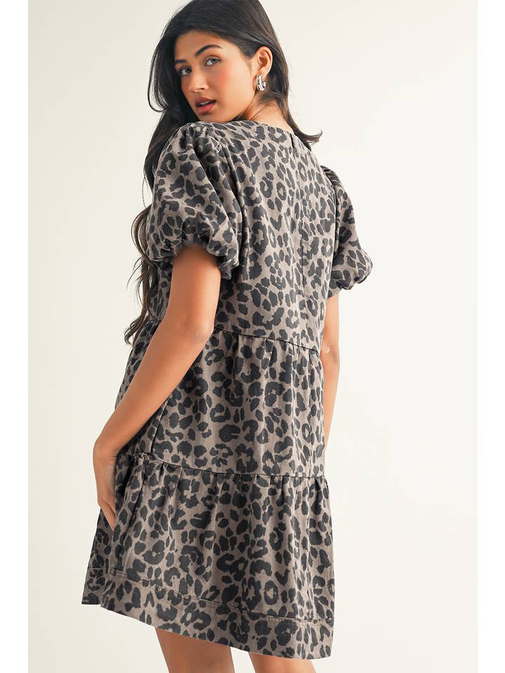 Brown LDC Denim Leopard Printed Short Sleeve Flared Mini Dress for wholesale on Faire