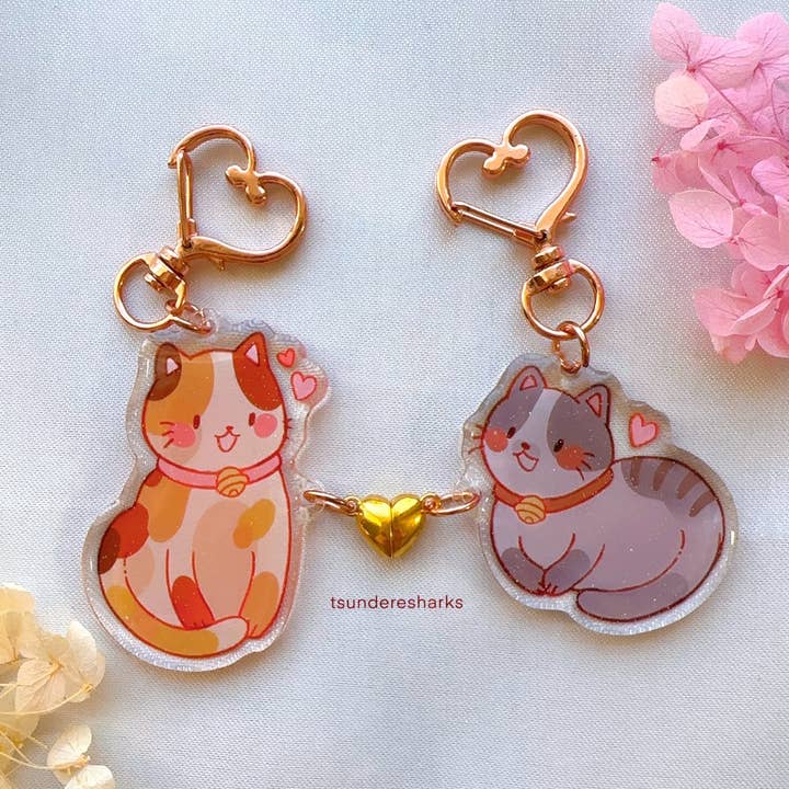Cats Heart Magnet Matching Acrylic Glitter Keychain for wholesale by tsunderesharks