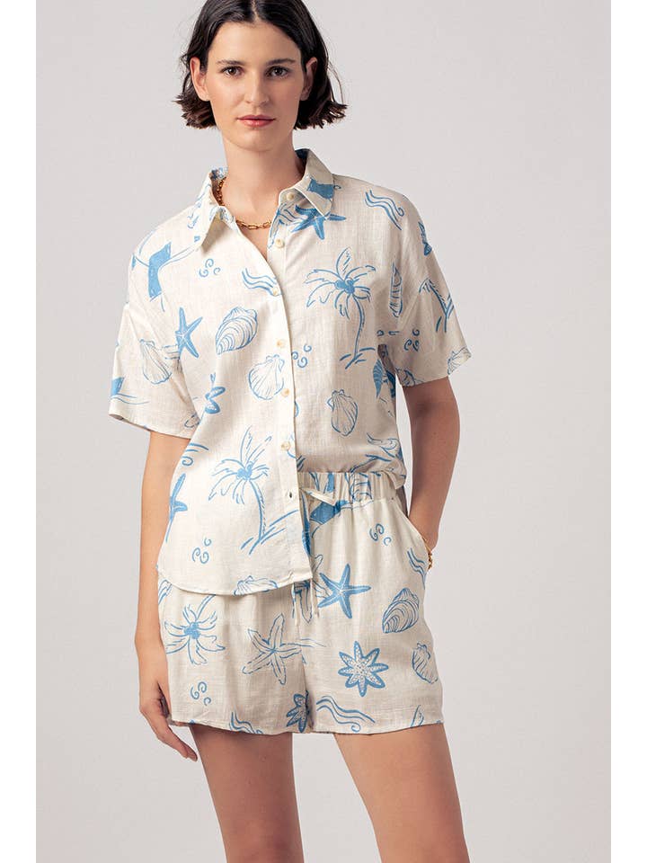 Urban Daizy - Wholesale Lounge Set - Women's - Coastal Print Camp Collar Shirt and Shorts Set