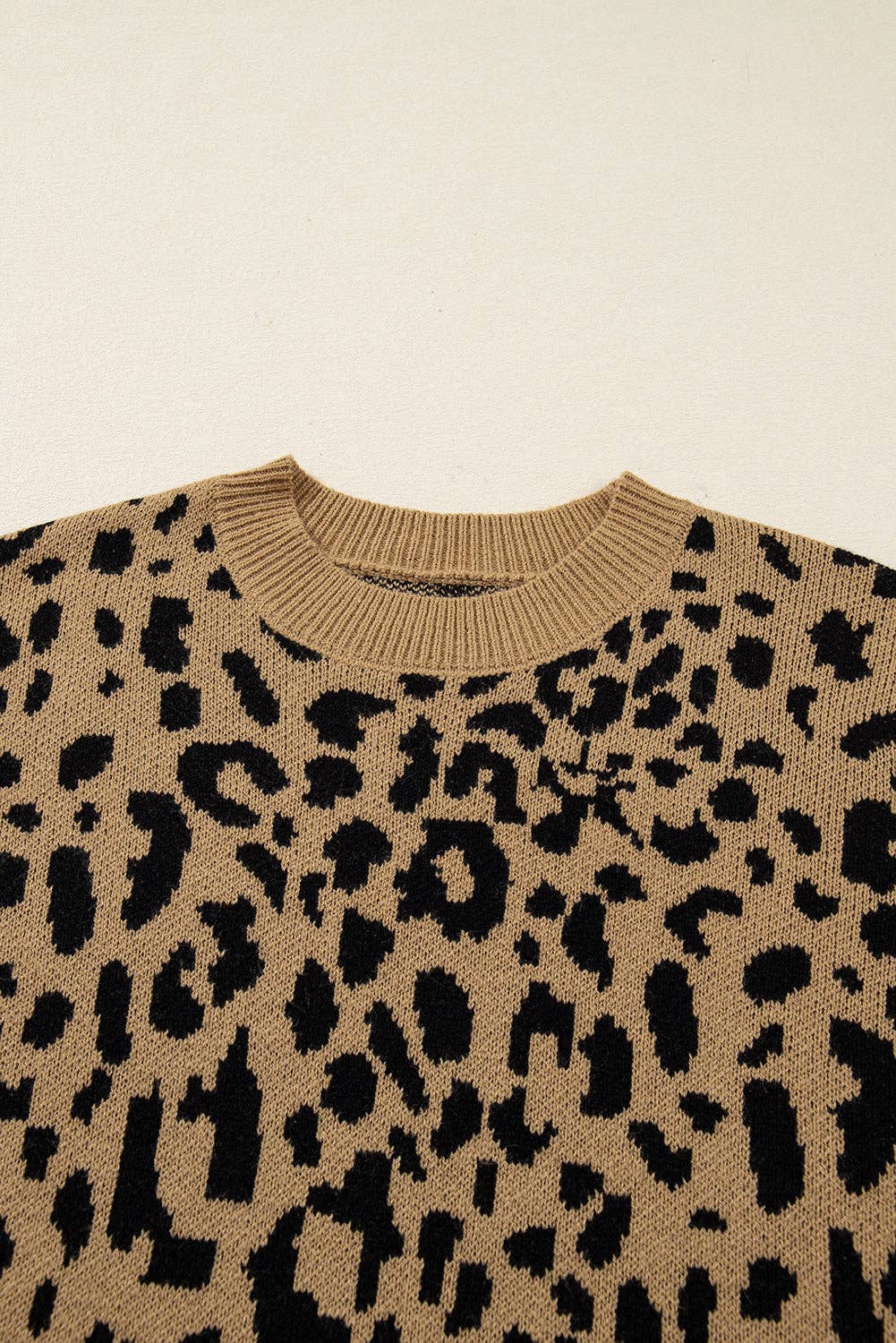 Light French Beige Leopard Ribbed Trim Crewneck Drop Shoulder Sweater for wholesale on Faire3