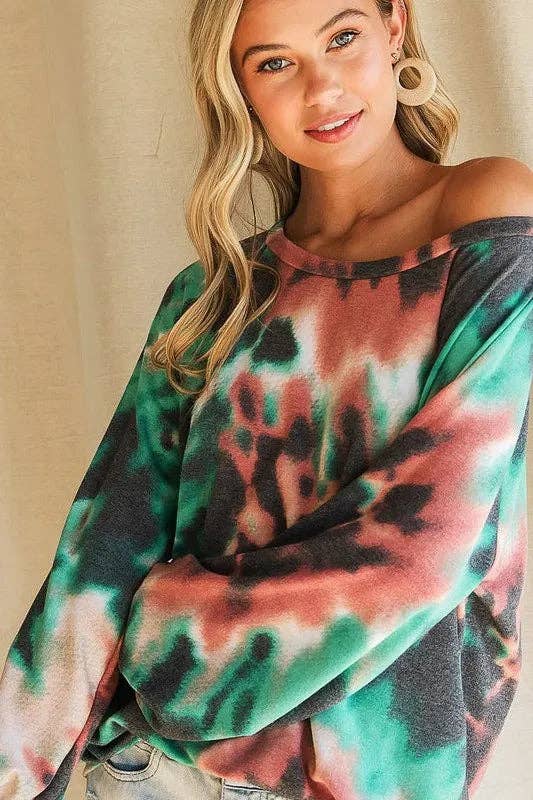MOCHA/CARBÓN Top de felpa con estampado tie-dye BiBi y mangas abullonadas de venta al por mayor en Faire3