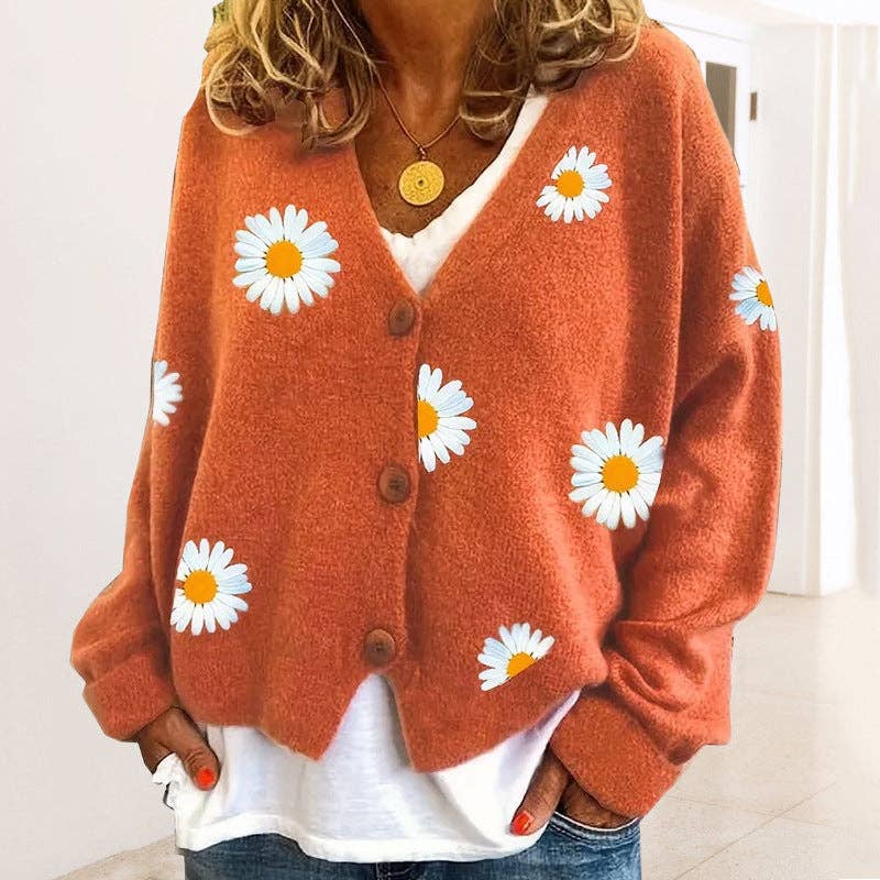Sweetkama - Wholesale Cardigan - Women's - Ladies Sun Flower V-Neck Long Sleeves Sweater 23694