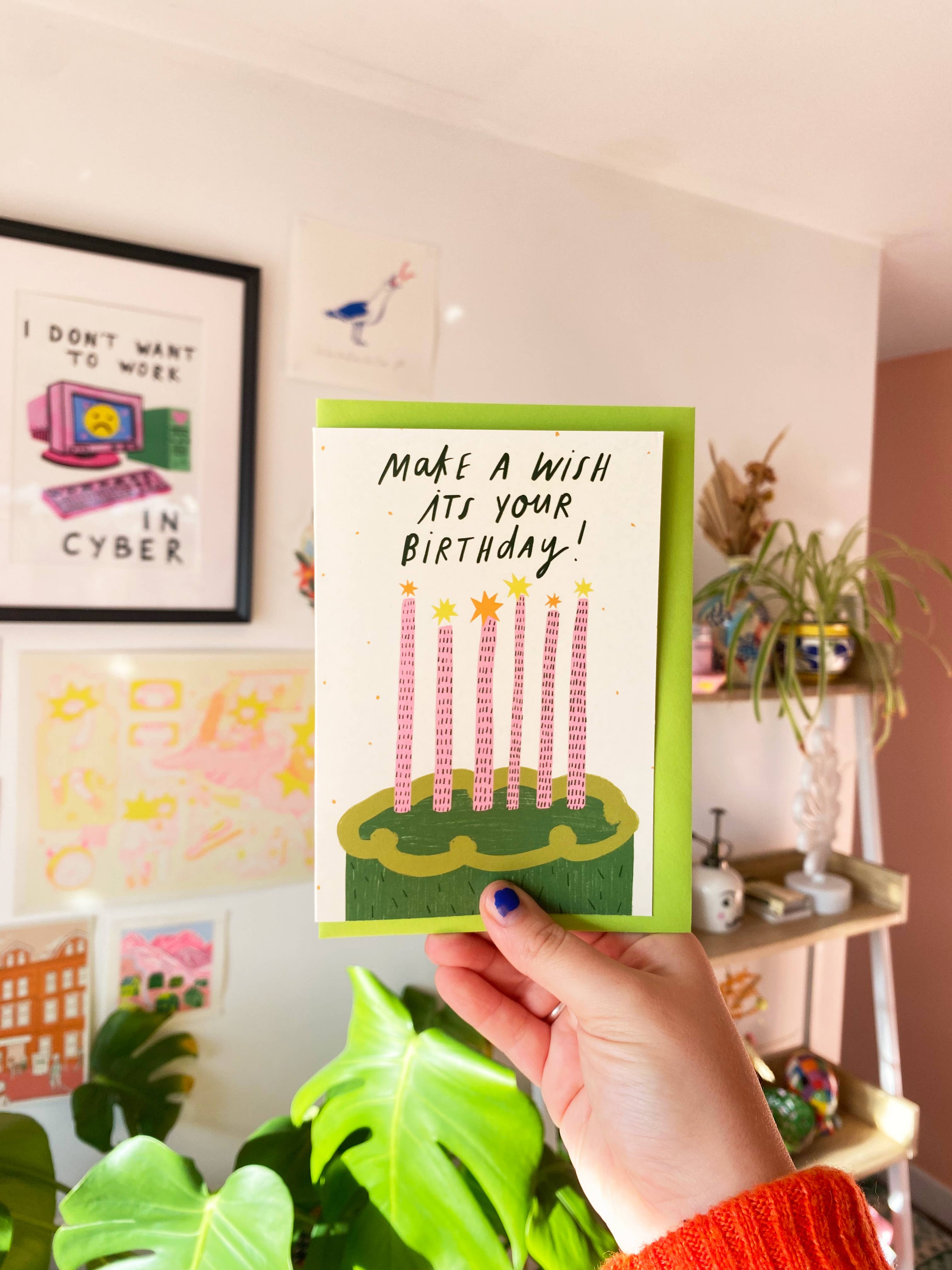 Kerrie Illustrates - Wholesale Birthday Card - Make a Wish Green Cake Birthday Greeting Cards | Bday Sister1