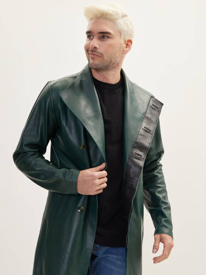 Men's Genuine Leather Rebel Jacket - Green Black for wholesale by Ron Tomson