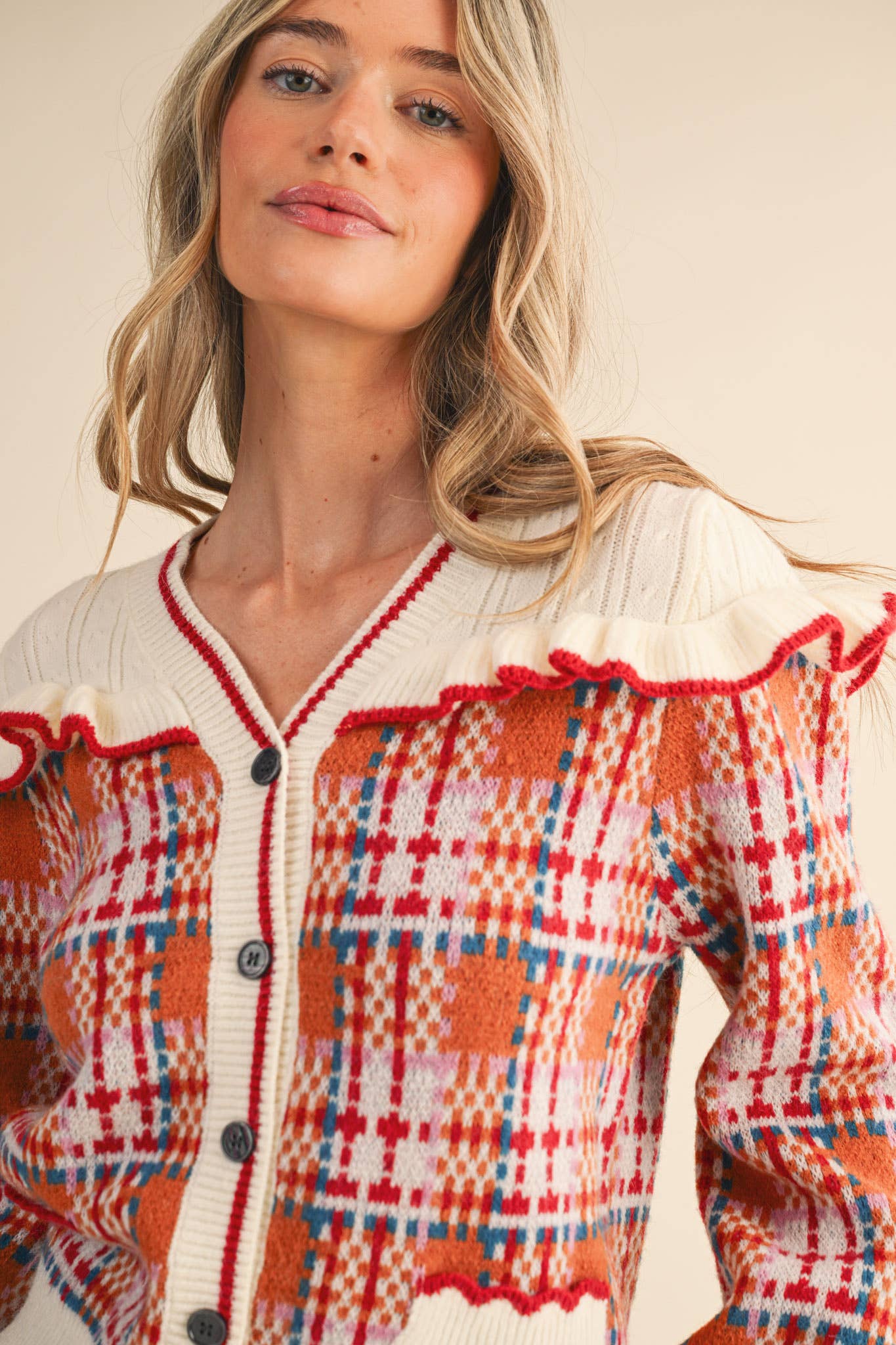 &MERCI - Wholesale Cardigan - Women's - RUFFLED YOKE PLAID SWEATER CARDIGAN MSW1118526