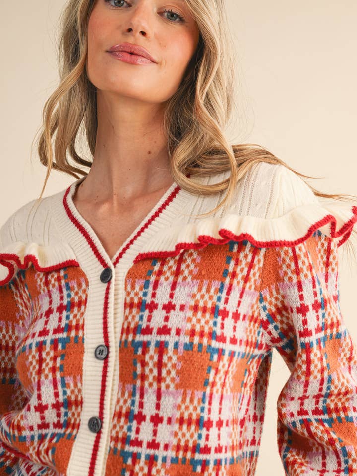 &MERCI - Wholesale Cardigan - Women's - RUFFLED YOKE PLAID SWEATER CARDIGAN MSW1118526