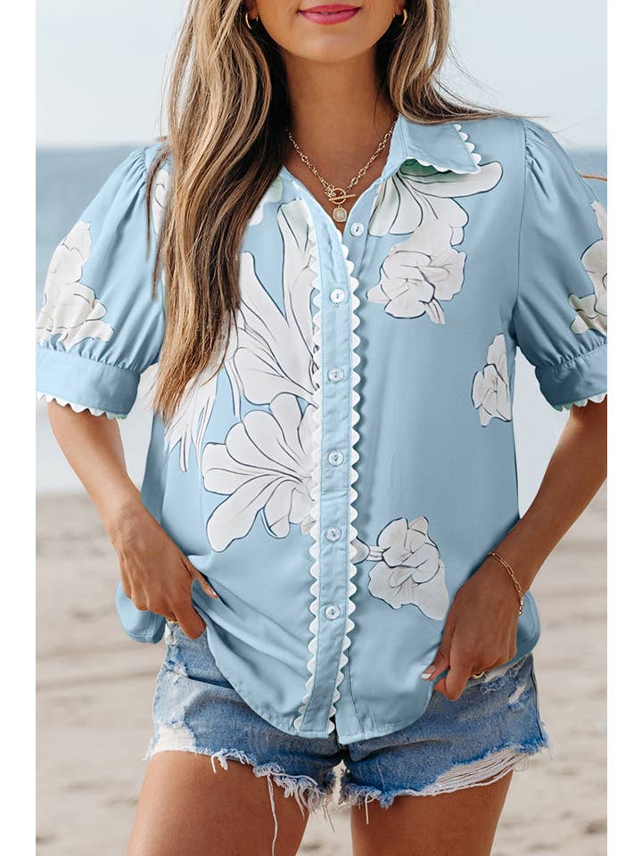 Aapparella - Vente Chemise à col boutonné – femme - Haut à boutons avec manches bouffantes et bordure en croquet floral | S-XL3