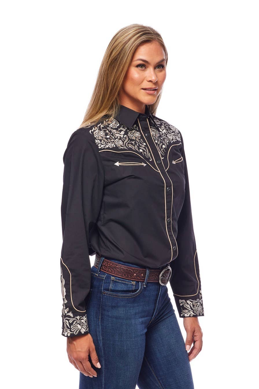 Rodeo Clothing - Vente Chemise à col boutonné – femme - Robe brodée à manches longues d'inspiration western pour femmes33