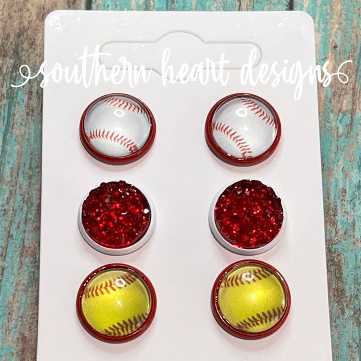 Southern Heart Designs - Wholesale Jewelry Set - 3 pk Earrings -Baseball/ Softball