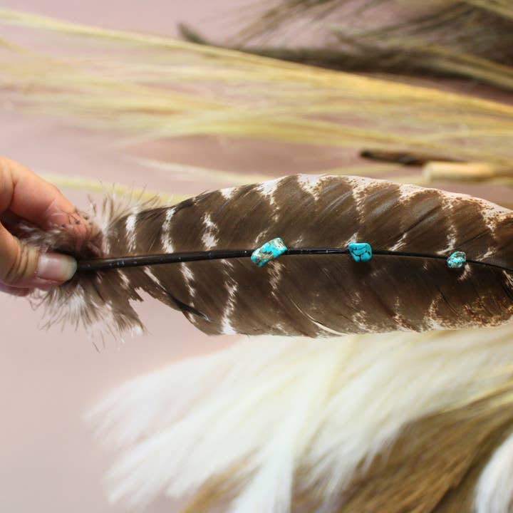 Hand-Studded Natural Barred Turkey Feather with Turquoise Howlite for wholesale by Wildflowers and Barley