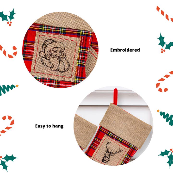 Lexi Home - Wholesale Holiday Stocking - Large Christmas Stockings - 3 Pack Plaid Burlap Stockings