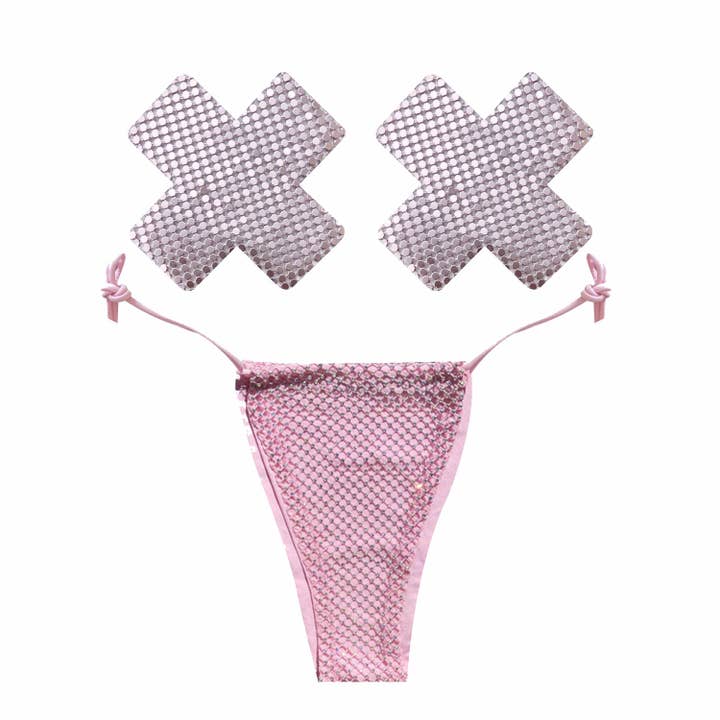 Shiney Hiney Iriscent Pastel Baby Pink Crystal Pastie- og Trusseundertøjssæt med høj talje for engroshandel hos Neva Nude