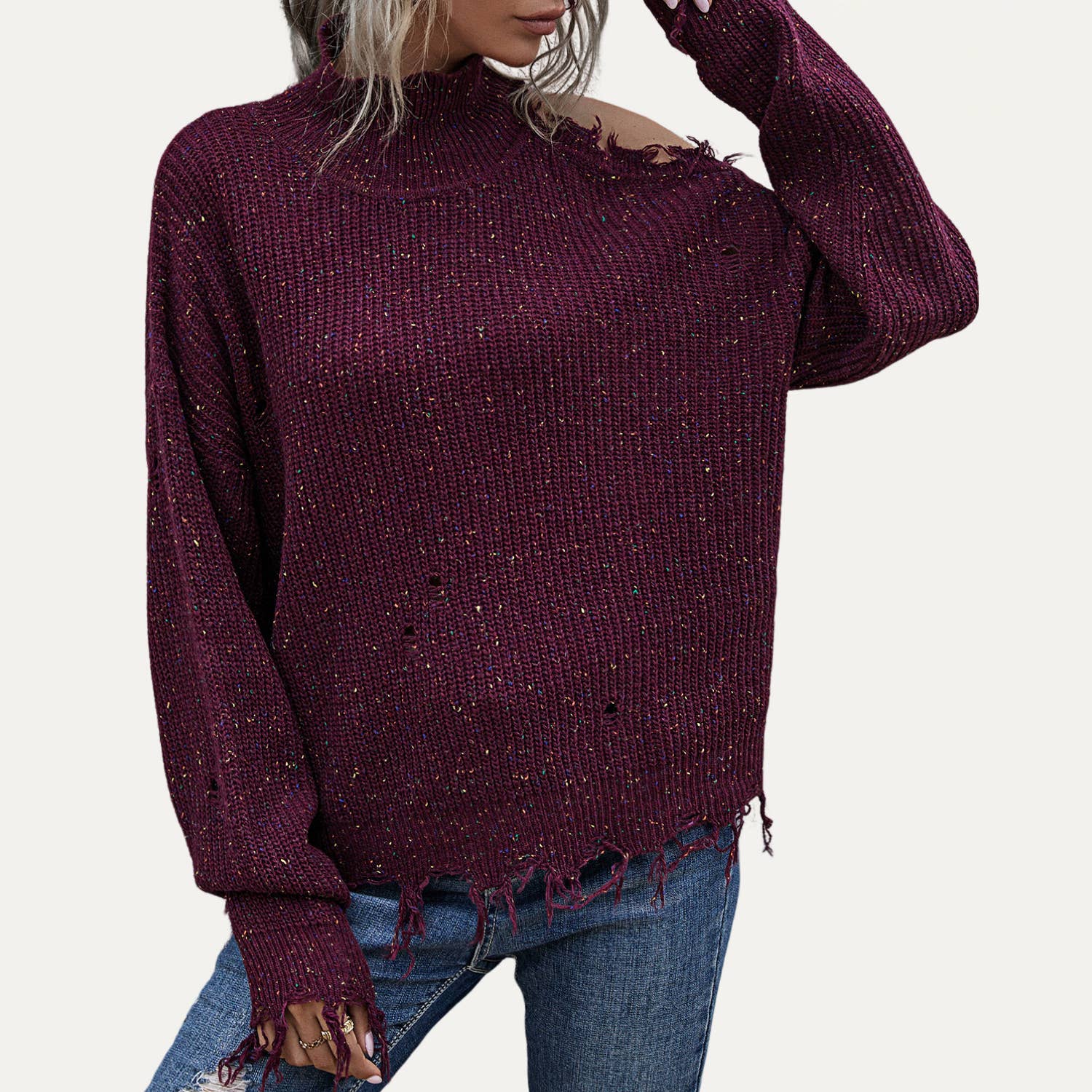 The Moment Collection – Engroshandel Strikket top - Dame – Trendy Strik Mock Neck En Skulder Lange ærmer Top0