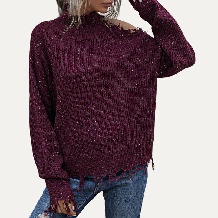 The Moment Collection – Engroshandel Strikket top - Dame – Trendy Strik Mock Neck En Skulder Lange ærmer Top