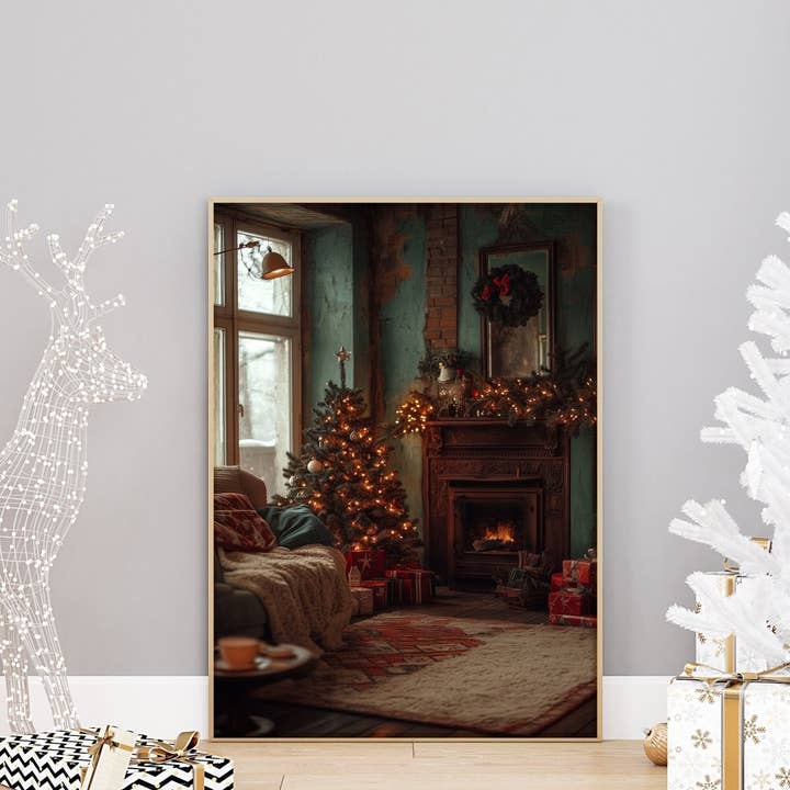 Christmas Scene Wall Print Poster Art Christmas Print Warm Fireplace Christmas Tree Setting for wholesale by House of Binky