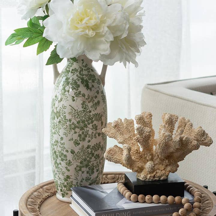 D6x15.5" White Ceramic Flower Vase w/ Green Floral & Handles for wholesale by A&B Home Group Inc.