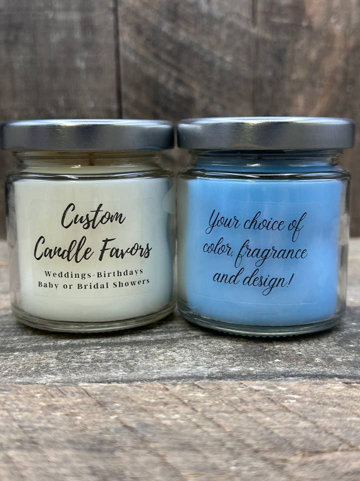 Custom wedding candle favors baby and bridal shower too 4 ounce for wholesale by Grand Rapids Candle Company