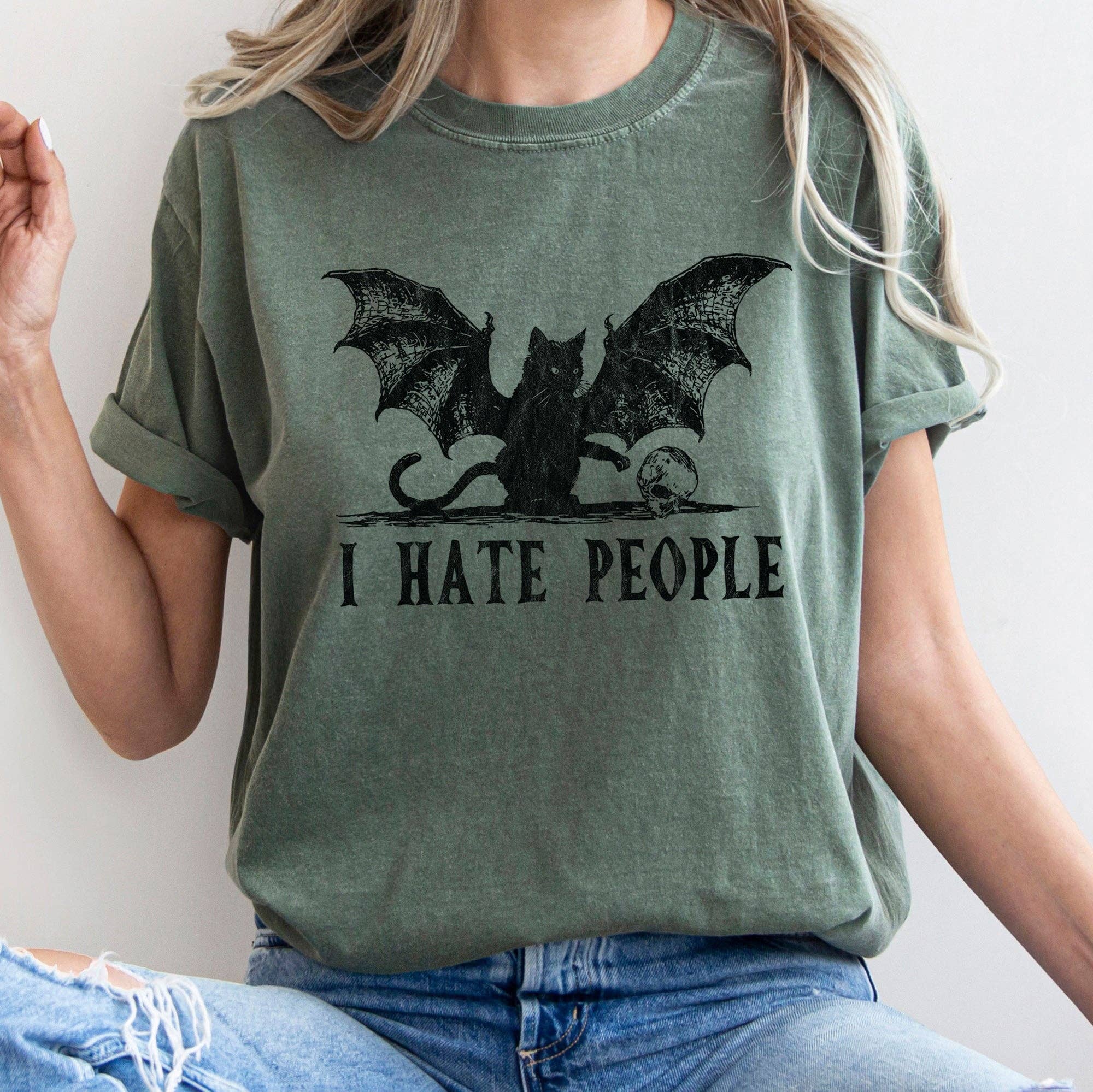 Refinery Number One LLC - Wholesale T-Shirt (Graphic) - Women's - I Hate People Cat Bat Retro Halloween T-shirt Black Print1