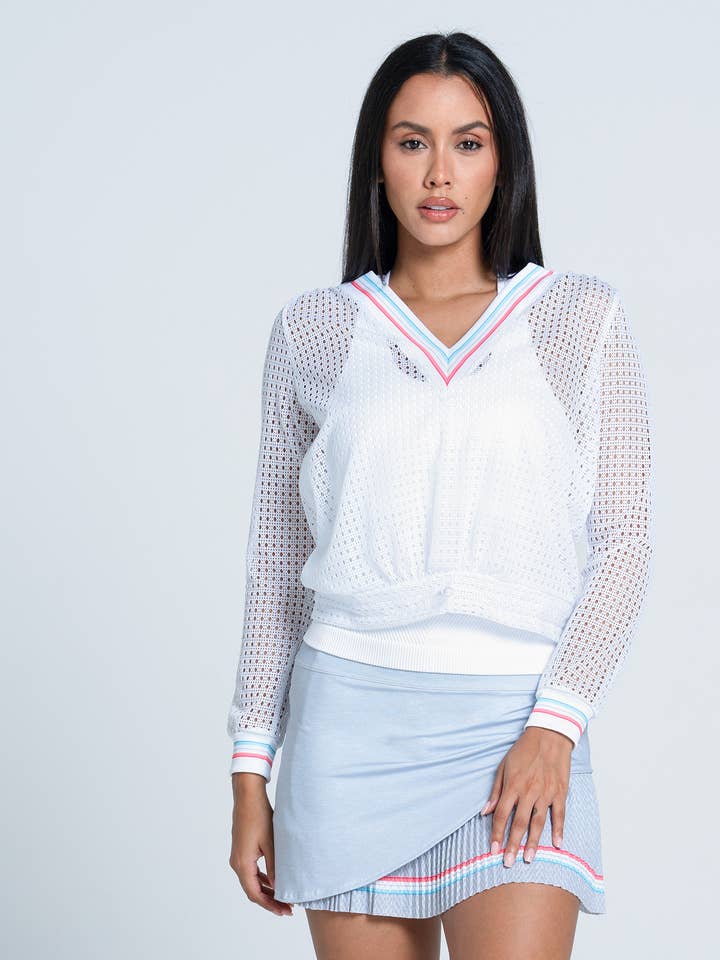 Women's Retro Stripe V-Neck Pullover - WHITE for wholesale by Lucky In Love