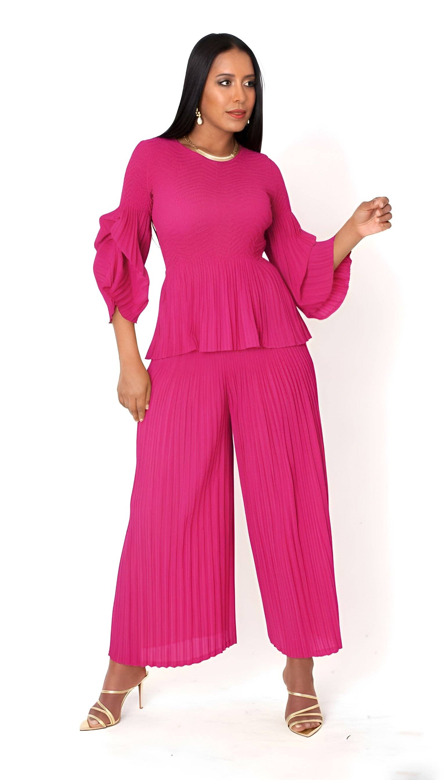 For Her NYC - Wholesale Top & Pant Set (NOT Loungewear) - Women's - Ruched Sleeve Pleated Pantset - 829094