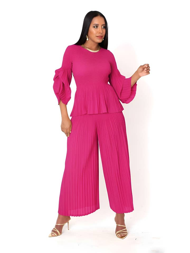 For Her NYC - Wholesale Top & Pant Set (NOT Loungewear) - Women's - Ruched Sleeve Pleated Pantset - 829094