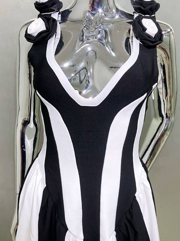 DR411 Deep V Black & White Striped Dress with Floral Accents for wholesale on Faire6