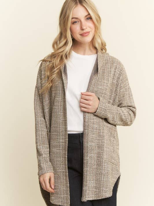 Black SJ1032-38 BOUCLE FABRIC HOODIE OPEN CARDIGAN for wholesale on Faire6