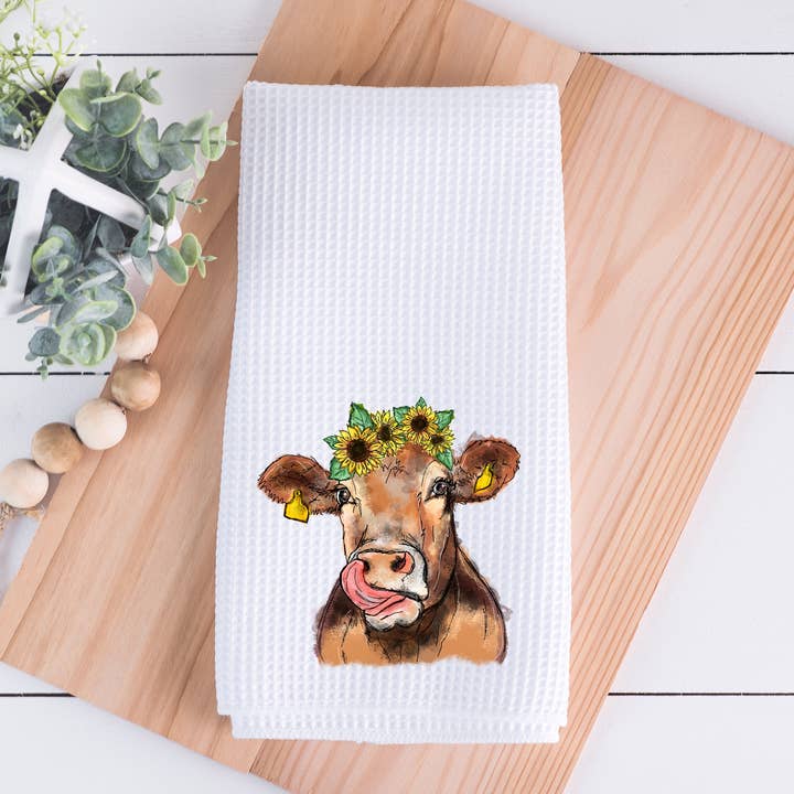 Cow With Sunflowers Kitchen Dish Towel for wholesale by Painted Skies