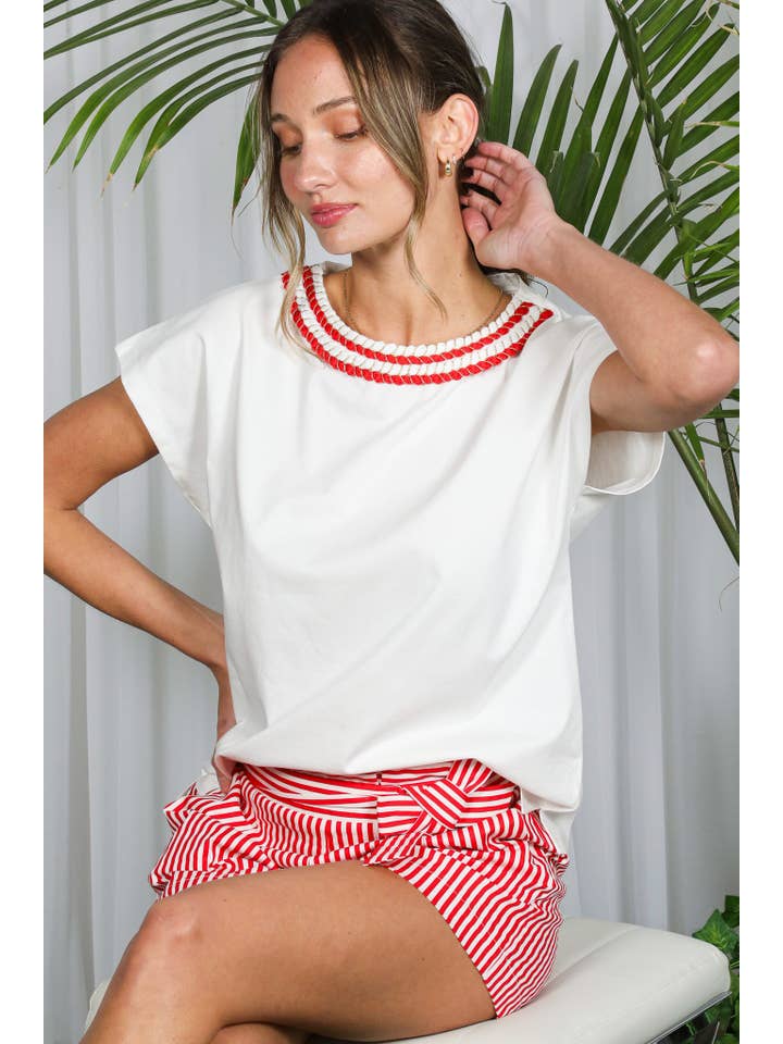 Vine & Love - Wholesale Knit Top - Women's - Braid Trim Round Neck Cotton Knit Top VT82394
