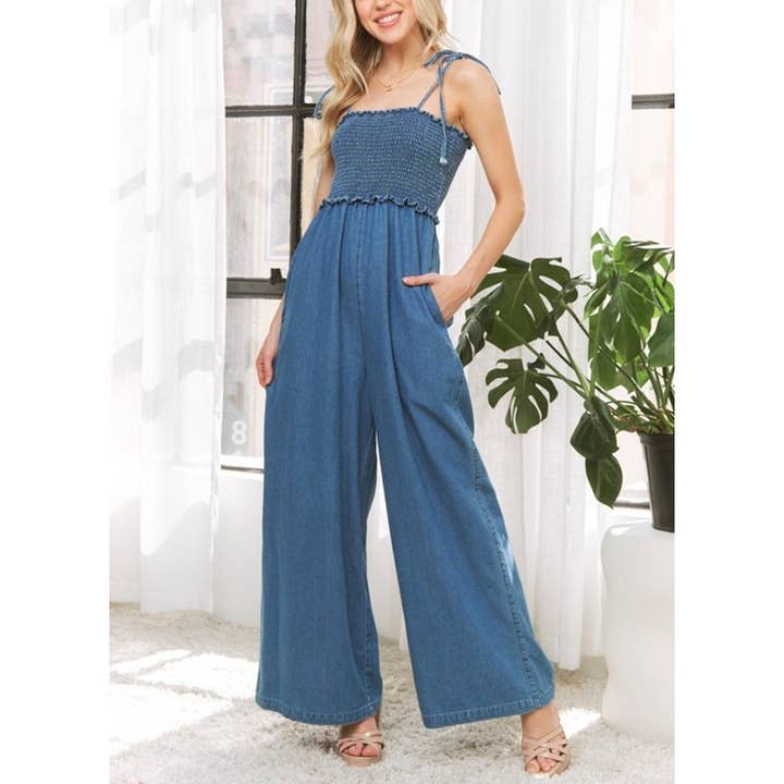 10023 Denim Hverdagskomfortabel Smocket Brystbånd Jumpsuit for engroshandel hos Coloring You