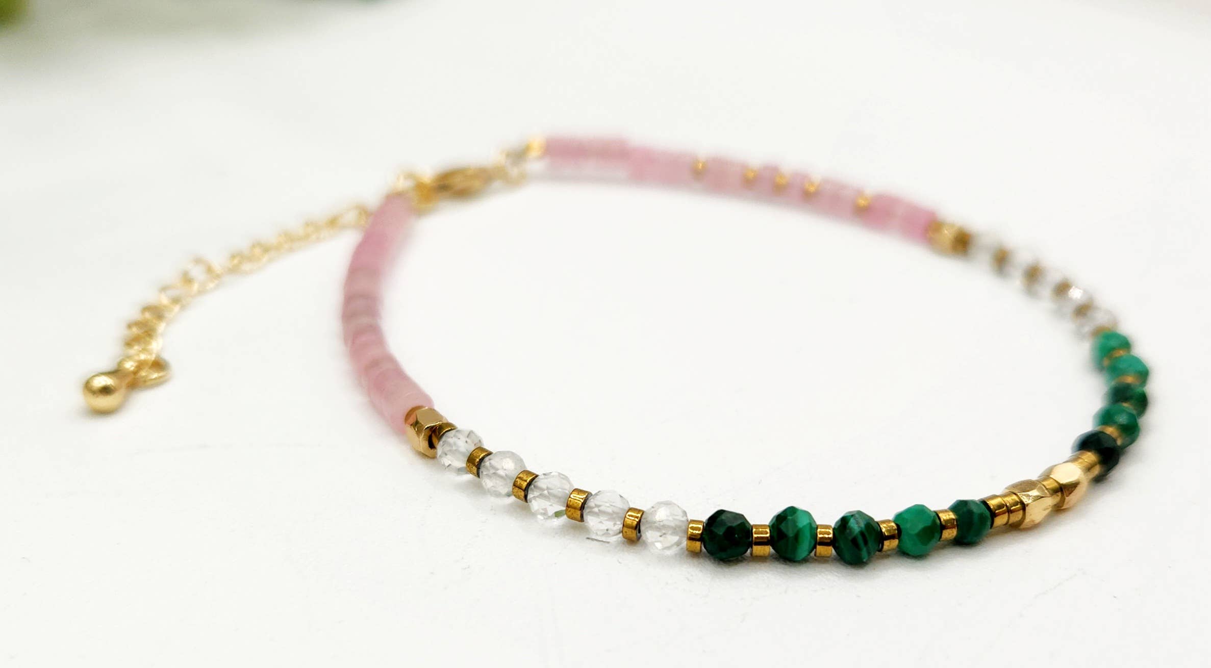 Meraki Gemstones - Wholesale Beaded Bracelet - CANCER HEALING HARMONY-Malachite/Clear/Rose Quartz Bracelet3