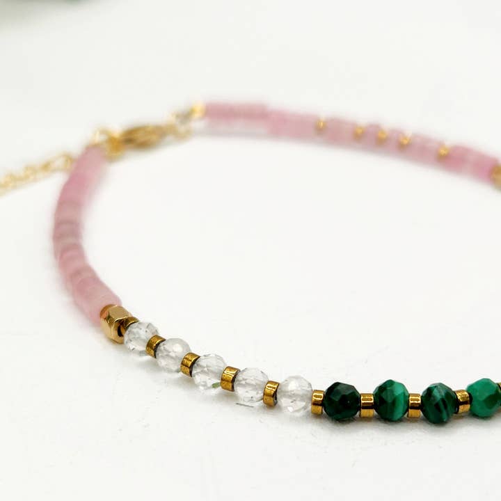Meraki Gemstones - Wholesale Beaded bracelet - CANCER HEALING HARMONY-Malachite/Clear/Rose Quartz Bracelet3