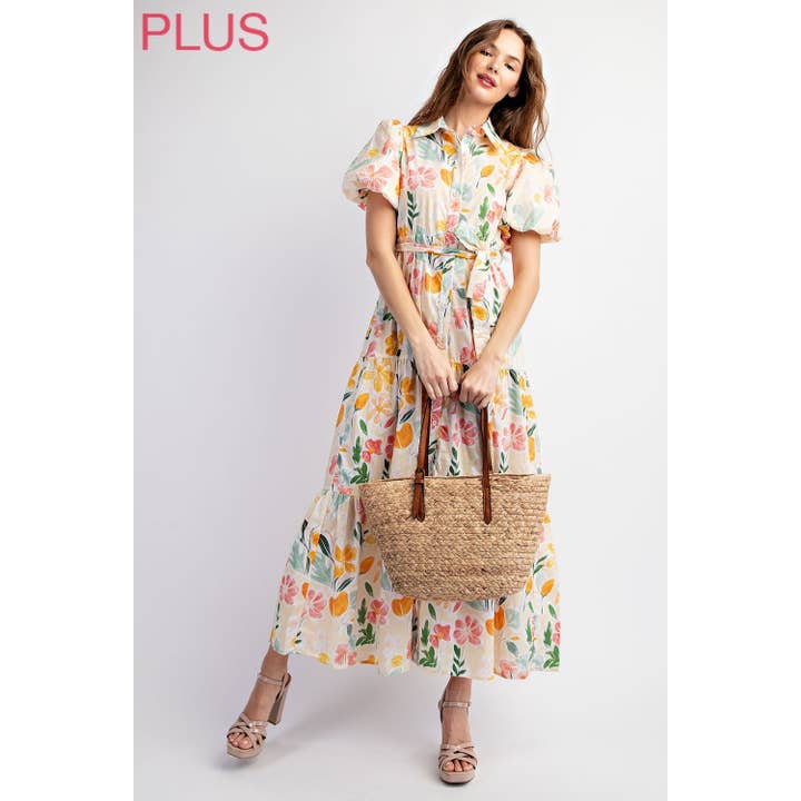Beige Multi PLUS COTTON FLORAL PRINT SHIRT TIERED MAXI DRESS WITH PUFF S for wholesale on Faire