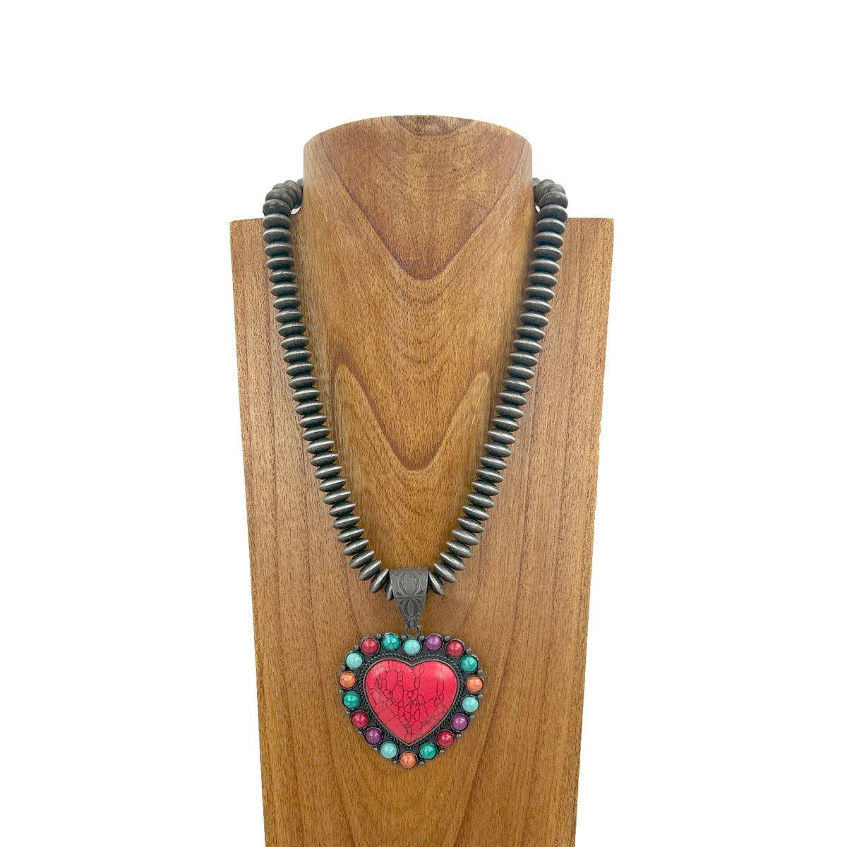 Western Elite Jewelry - Vendita all'ingrosso Collana con ciondolo/pendaglio - NKZ231124-25 Collana con perle Navajo in argento da 21 pollici con pendente in pietra a cuore turchese blu5