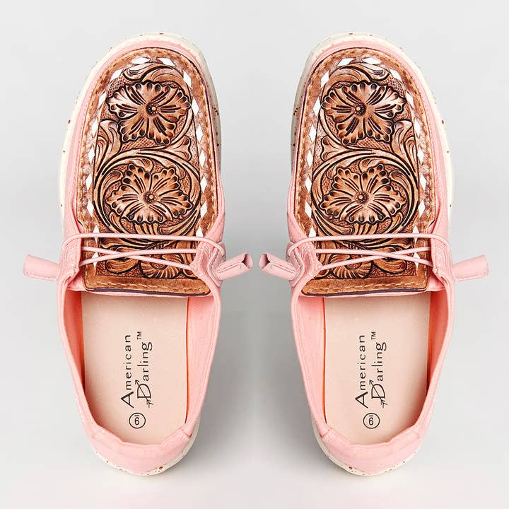 LC-ADFT133PK4 Women's Pink Canvas Loafers with Hand-Tooled Leather - American Darling Floral Slip-Ons for wholesale by LS Western