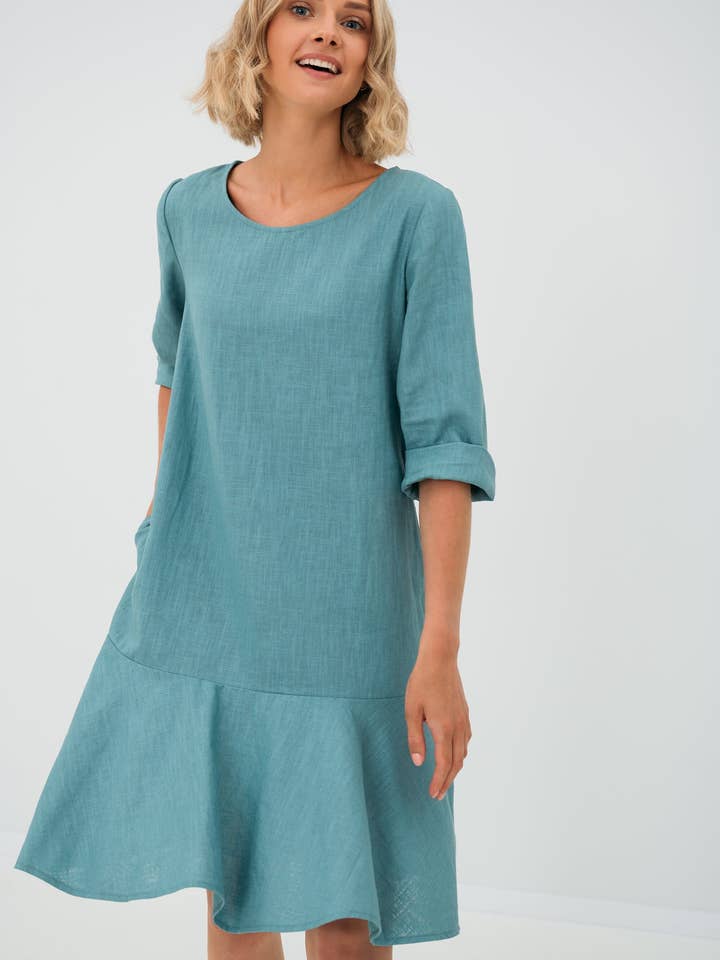 Teal linned kjole, Kortærmet hørkjole, Linned tøj for engroshandel hos LeMuse