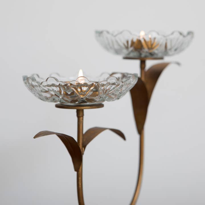 Mahe Homeware – Großhandel Kerzenhalter – Doppelter Teelichthalter aus Glas mit Blumenmotiv